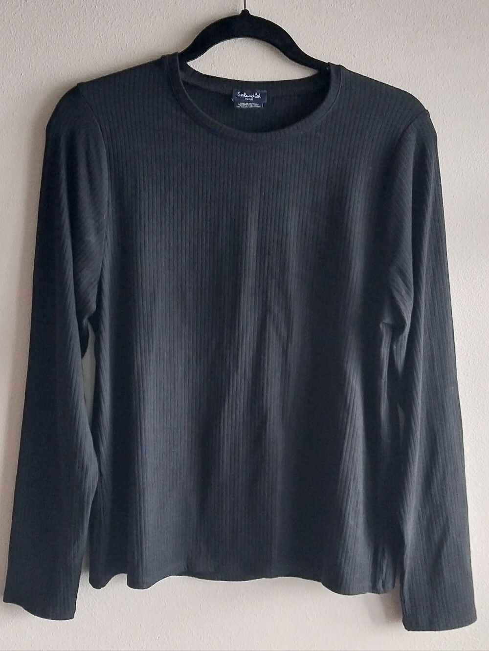 Splendid Black Ribbed Knit Long Sleeve Crew Neck Classic Minimalist Top NWOT